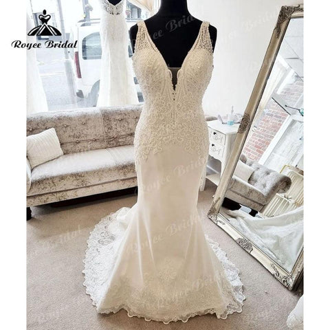 NumberSea Sexy V-Ausschnitt Cut-out Spitzenapplikationen Ärmelloses Meerjungfrau/Trompeten-Brautkleid 2025 Robe Braut Strand Brautkleider für Frauen 