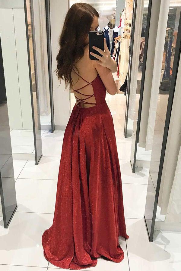 Vestidos de baile sensuais com decote em V profundo e costas nuas, vestidos de baile longos e brilhantes PG990