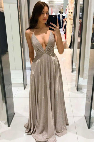 Sexy tiefes V-Ausschnitt-Ballkleid mit rückenfreiem Rücken, glitzerndes langes Ballkleid PG990