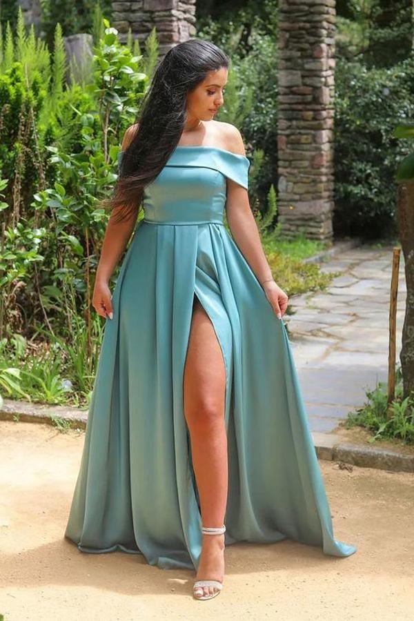 Vestido de festa simples com decote em A e ombros descobertos PSK244