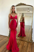 Sexy Spaghetti Straps Sheath Red Long Prom Dress PSK490