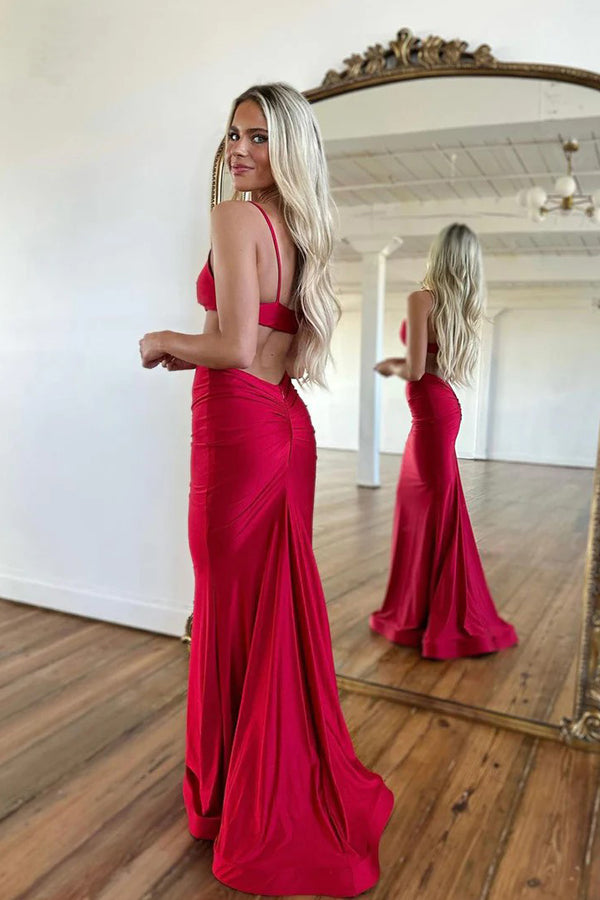 Sexy Spaghetti Straps Sheath Red Long Prom Dress PSK490