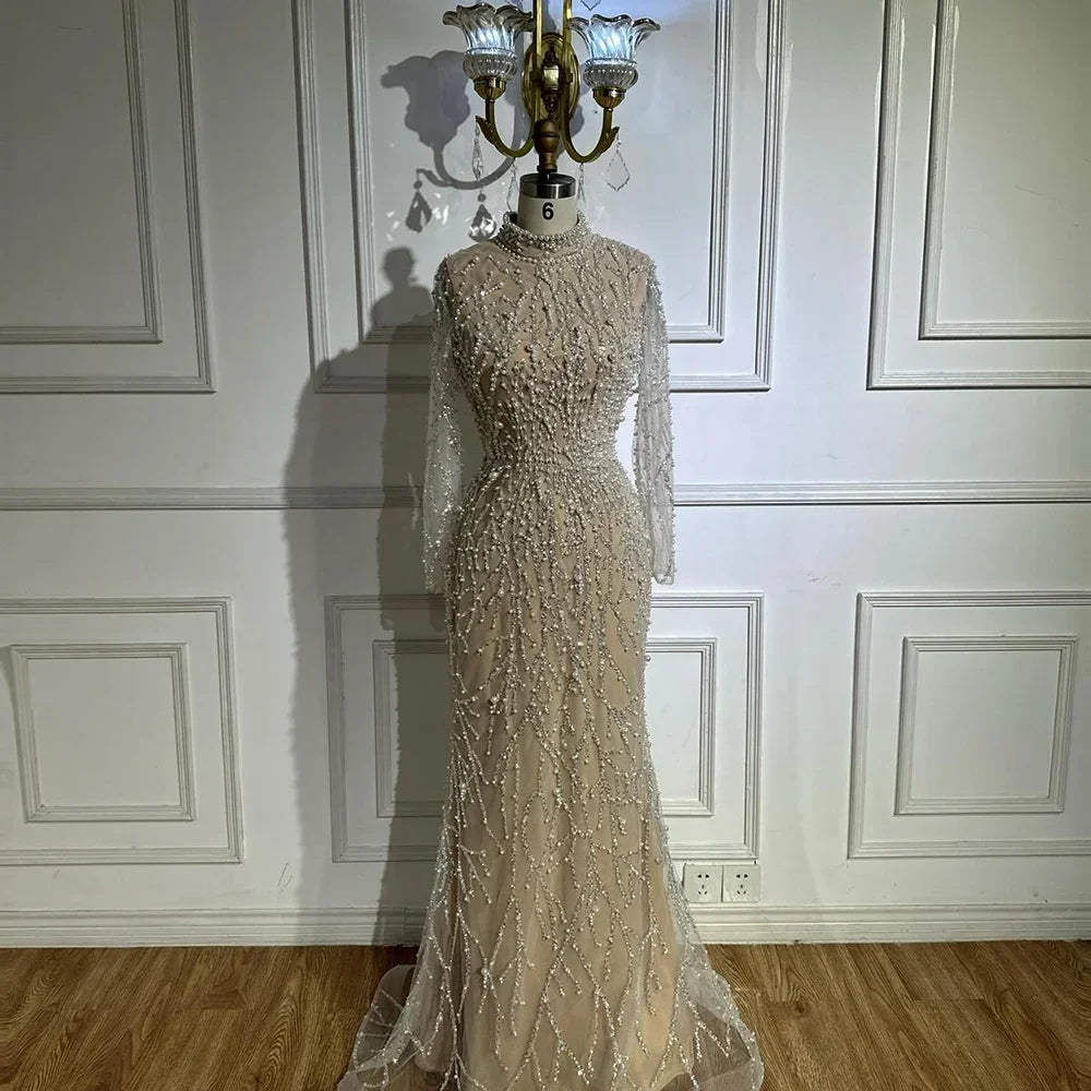 Serene Hill 2025 Luxury Saudi Arabic Pearls Beaded Nude Mermaid Evening Dresses For Wedding Occasion DLA72345A Customized