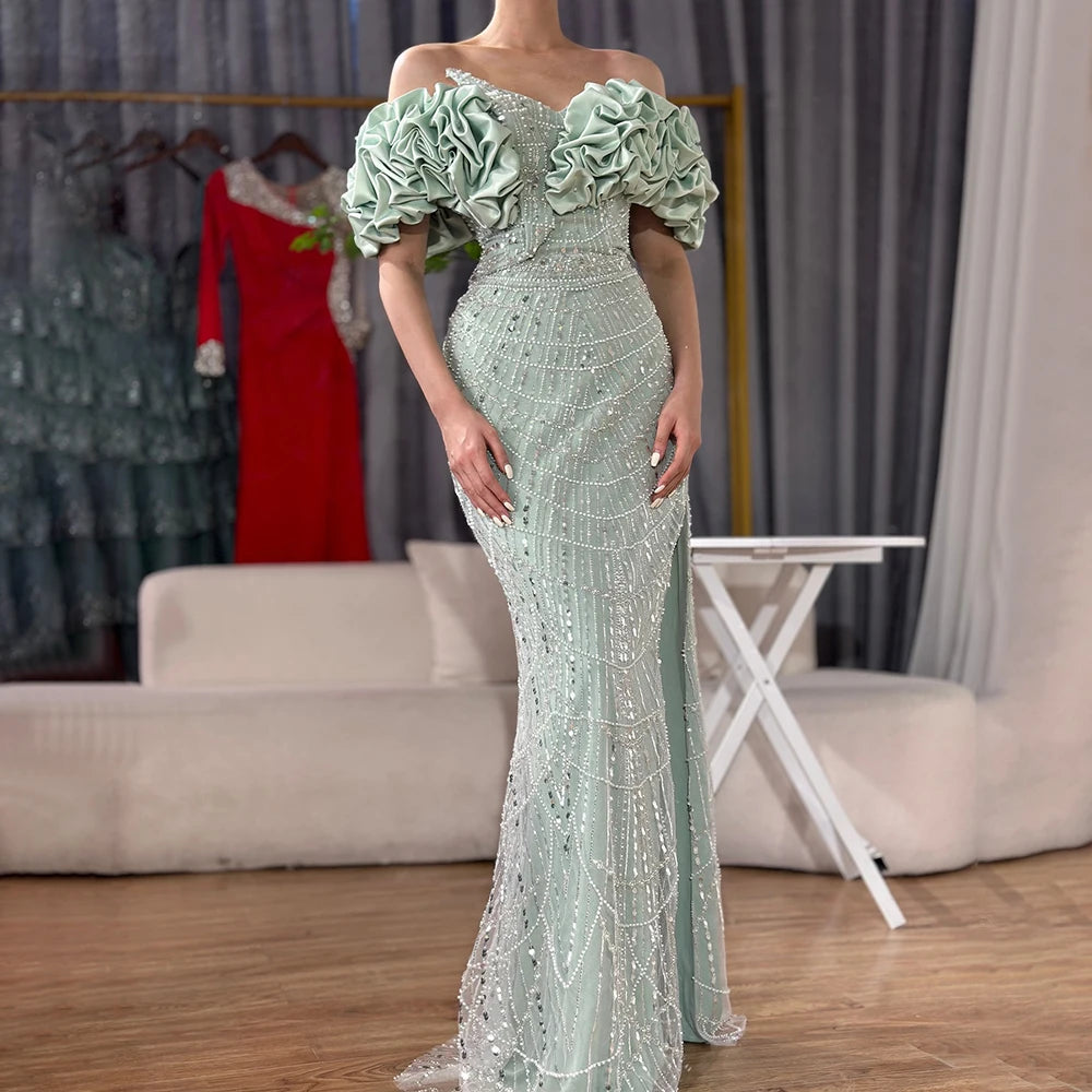 Serene Hill Customized Sage Green Off Shoulder Mermaid Evening Dresses 2024 Arabic Formal Gowns For Women Wedding Party DLA72281
