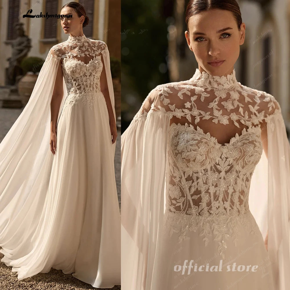 Lakshmigown Two-Piece Wedding Dress with Sheer Lace Corset Detachable Chiffon Cape  A Line Bridal Gown Customized