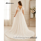 Lakshmigown Boho Ivory Chiffon Wedding Dress Deep V‑Neck Short Flutter Sleeves Lace Applique Bridal Gown For Beach Customized