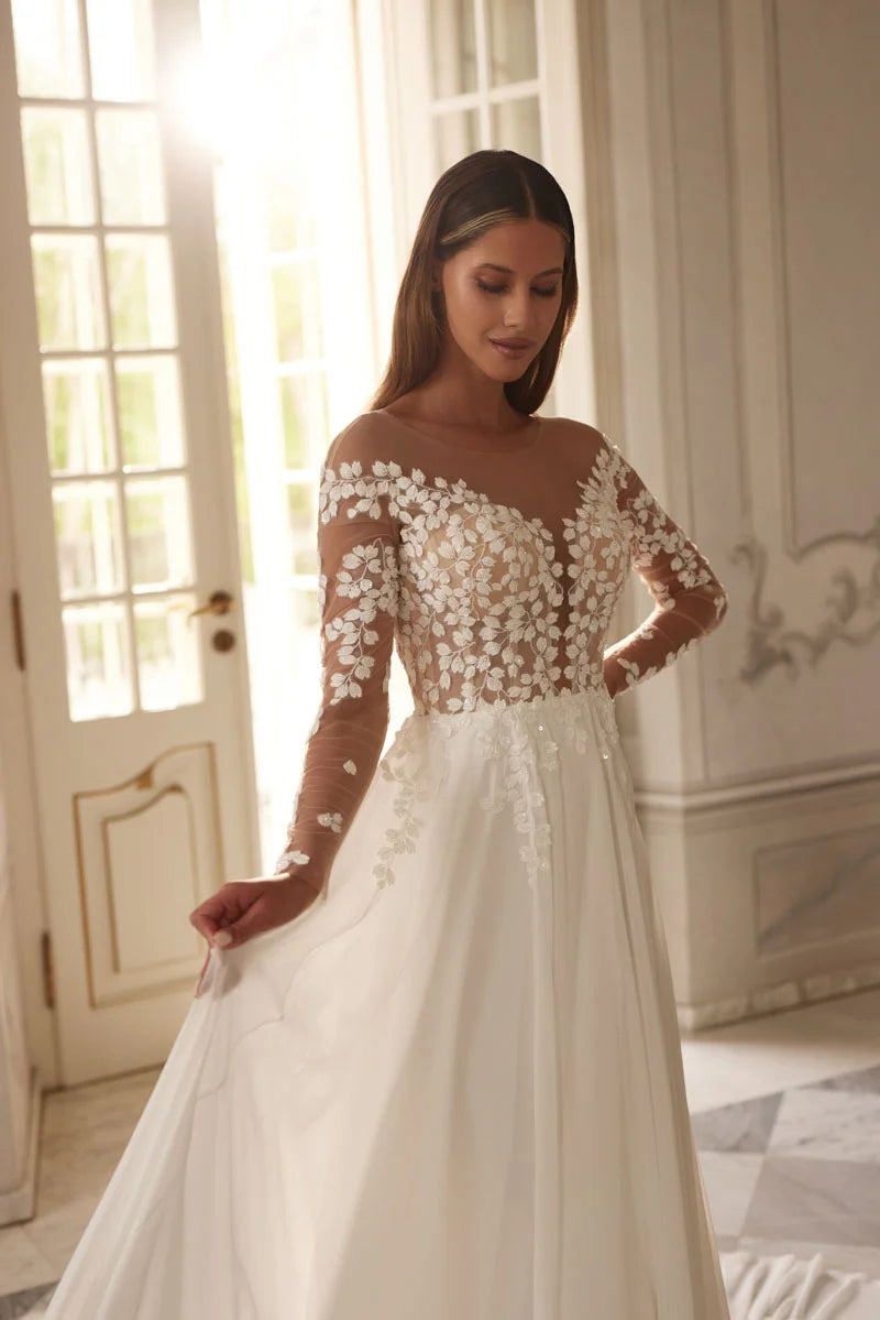Lakshmigown Boho Wedding Dress for Women Bride Long Sleeves V Neck Applique Chiffon Summer Beach Bridal Gown Customized