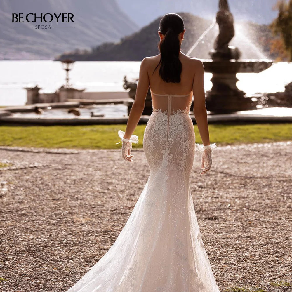 Sleeveless Mermaid Wedding Dress 2026 Sweetheart Lace Backless Bride Gown Princess BECHOYER RY147 Customized Vestido De Noiva