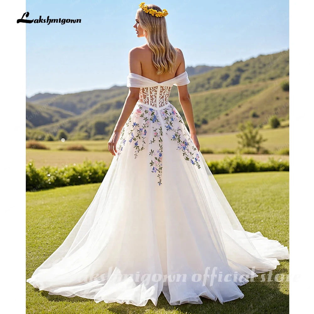 Lakshmigown Embroidery Flowers Floral Off The Shoulder Ivory A Line Wedding Dress Strapless Gowns Customized Vestidos de fiesta