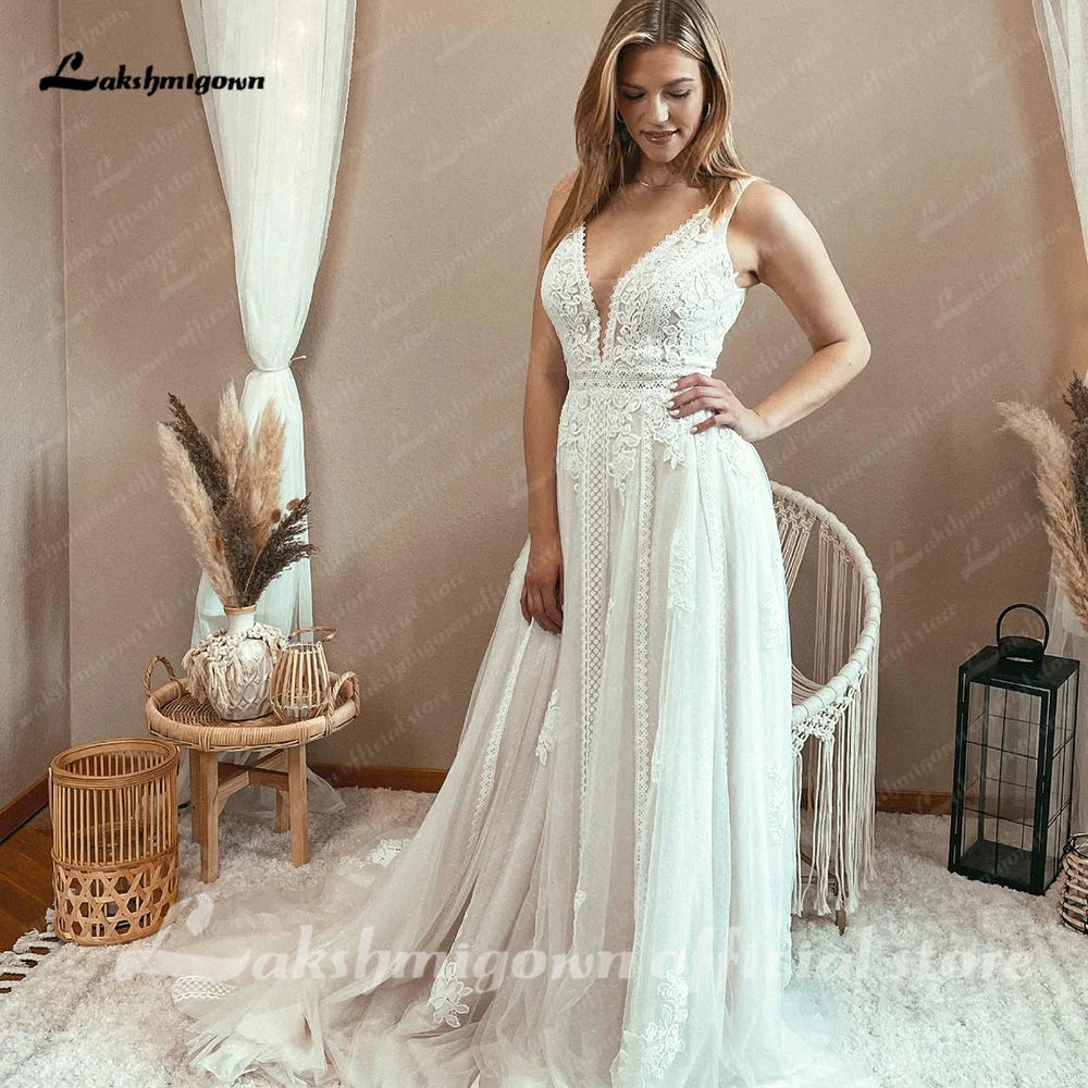 Lakshmigown Boho Lace Applique Elegant Plunging V Modest Wedding Dress Women Beach Robe De Mariage Bride Gowns