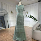 Serene Hill 2026 Customized Nude Mermaid Sleeveless Evening Dress with Long Cape Dubai Wedding Party Gowns for Women DLA72126B