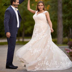 Lakshmigown Plus Size Champagne Tulle Wedding Dresses Sleeveless Long Formal Dress Lace Applique Bridal Gowns Customized