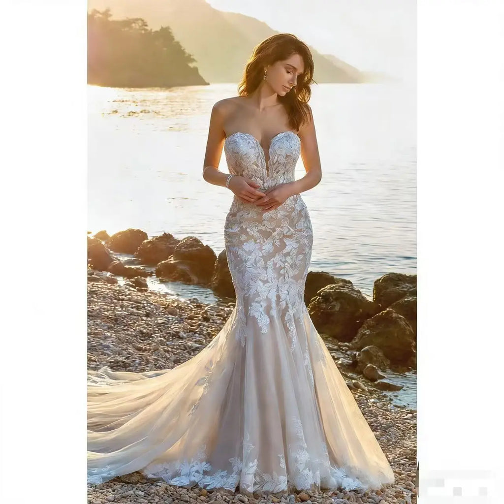 Lakshmigown Sweetheart Mermaid Wedding Dresses For Mariages Appliques Lace Court Train Tulle Vestido De Casamento Customized