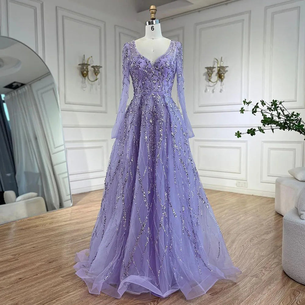 Serene Hill Lilac V-neck A-line Long Sleeves Luxury Beaded Evening Dresses Party Gowns for Women Customized DLA71793