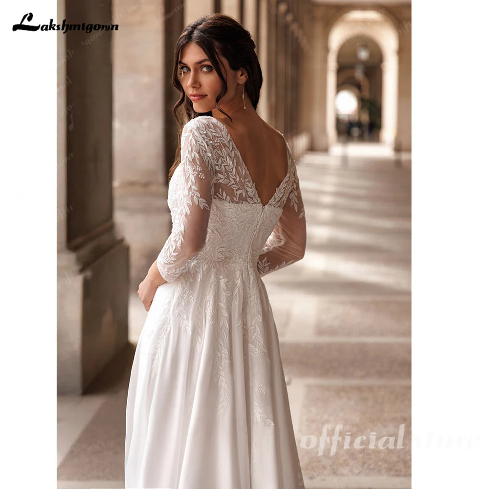 Lakshmigown Beach Wedding Dresses with V-Neck A-Line Lace Bridal Gowns Vestito Donna Sexy Chiffon Boho Bridal Gowns Customized