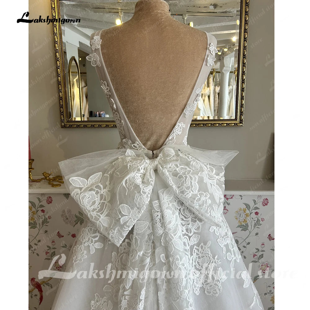 Lakshmigown Deep V Neck Lace Flowers Wedding Dress for Women with Bow Beach A Line Court Trian Wedding Gowns Customized