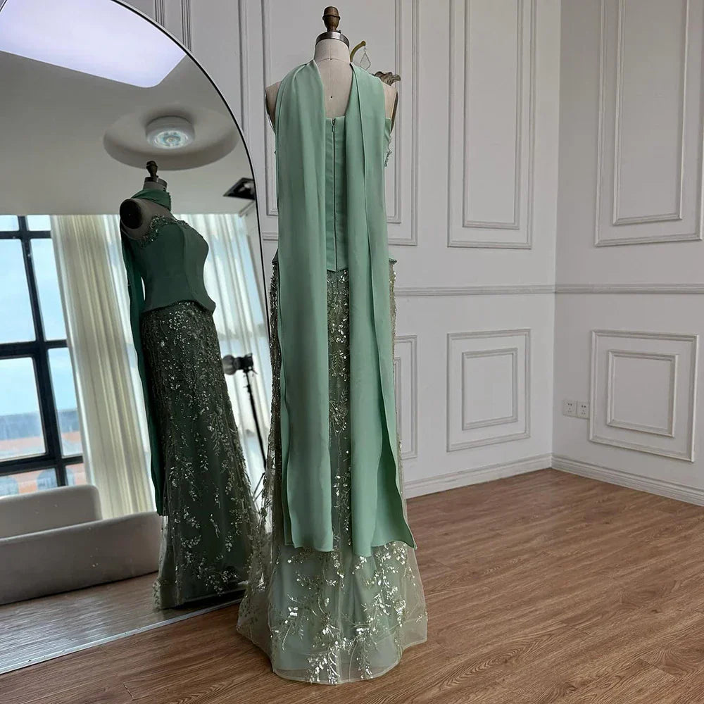 Vestido de Noite de Sereia com Contas Verde Sálvia de Luxo LA73050C