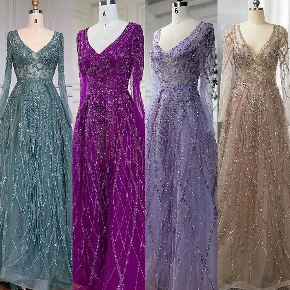 Serene Hill Lilac V-neck A-line Long Sleeves Luxury Beaded Evening Dresses Party Gowns for Women Customized DLA71793