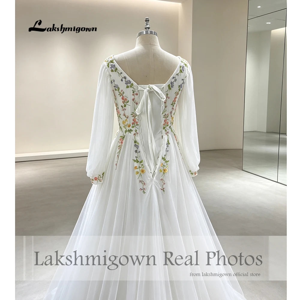 Lakshmigown Embroidery Flower Puff Sleeve Boho Wedding Dress Lace Up Back Chiffon Floor-length A-line Bridal Gown Customized
