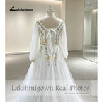 Lakshmigown Embroidery Flower Puff Sleeve Boho Wedding Dress Lace Up Back Chiffon Floor-length A-line Bridal Gown Customized