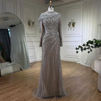 Serene Hill 2025 Muslim-inspired Silver Nude Beaded Sparkle Elegant Mermaid Evening Dresses Gowns for Party DLA70752H Customized