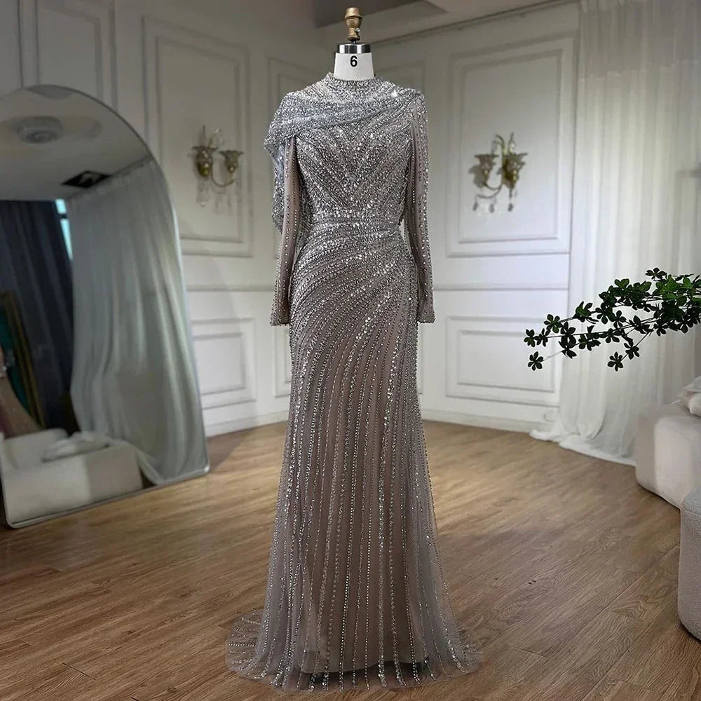 Serene Hill 2025 Muslim-inspired Silver Nude Beaded Sparkle Elegant Mermaid Evening Dresses Gowns for Party DLA70752H Customized