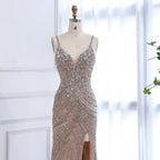 Robe de soirée sirène luxueuse en perles couleur nude avec fente haute LA73340
