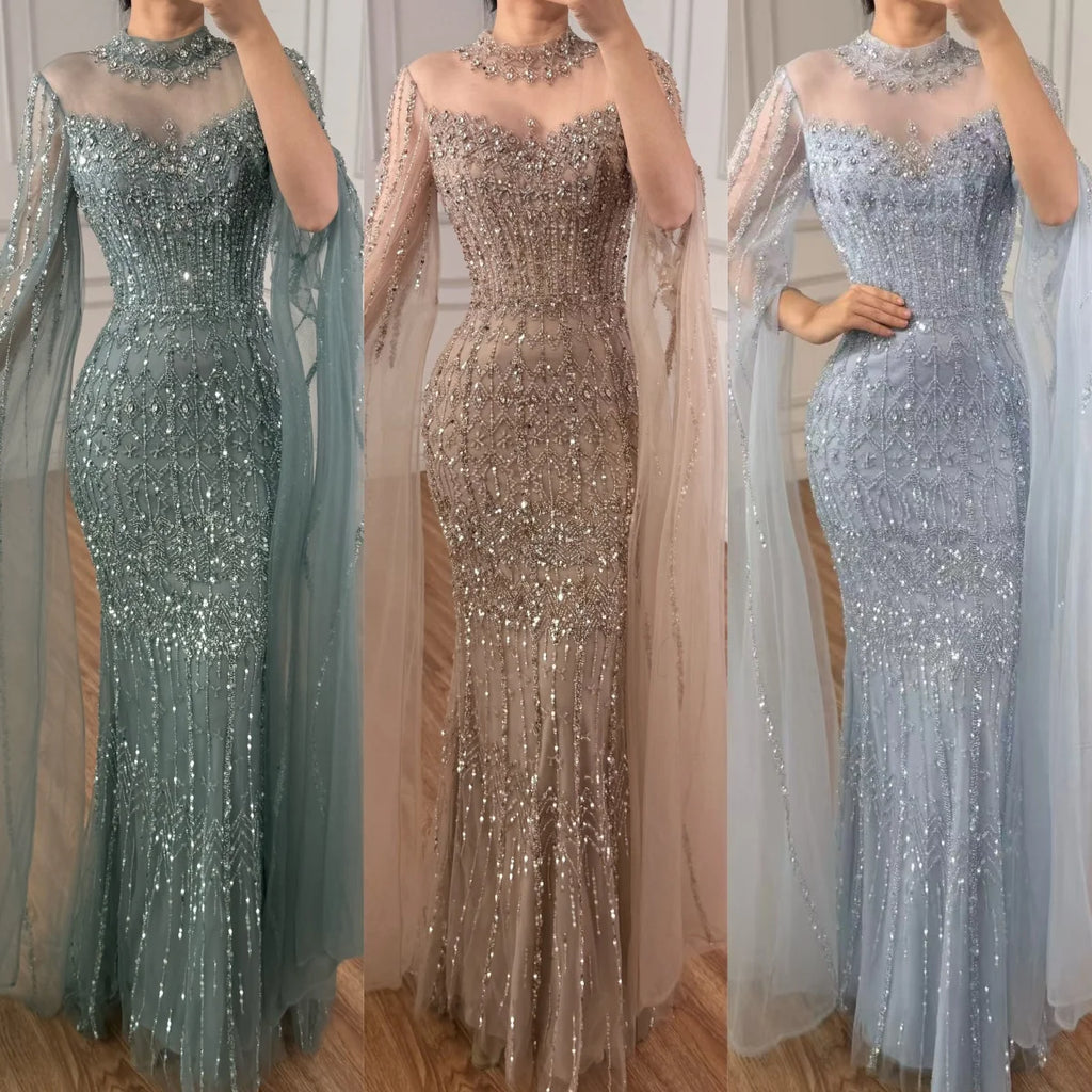 Serene Hill Customized Turquoise Beaded Mermaid Evening Dress with Cape Sleeves 2026 Formal Party Gowns for Women DLA72714AA
