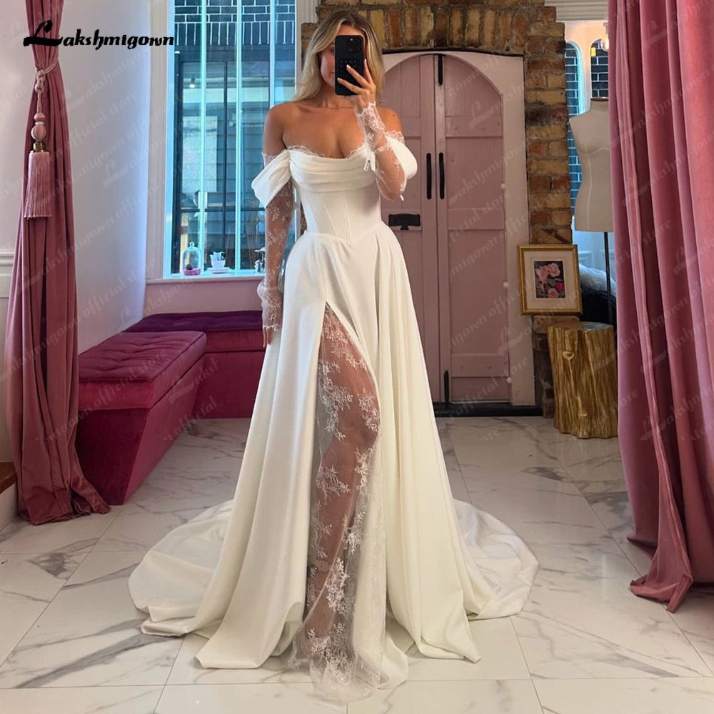 Lakshmigown Off The Shoulder Pleat Satin Wedding Dresses Customized Long Sleeves A-Line Bridal Gowns Sweep Train Bridal Dresses