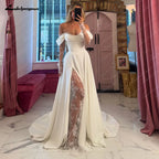 Lakshmigown Off The Shoulder Pleat Satin Wedding Dresses Customized Long Sleeves A-Line Bridal Gowns Sweep Train Bridal Dresses