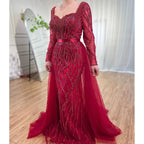 Serene Hill Customized Blue Long Sleeves Mermaid Pearls Beaded Evening Dresses Elegant Party Gowns For Women Wedding DLA71861
