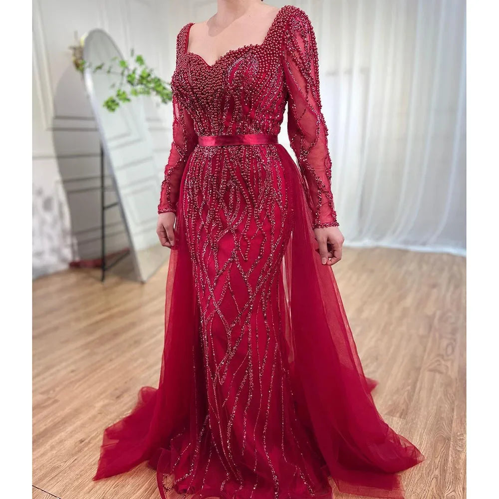 Serene Hill Customized Blue Long Sleeves Mermaid Pearls Beaded Evening Dresses Elegant Party Gowns For Women Wedding DLA71861