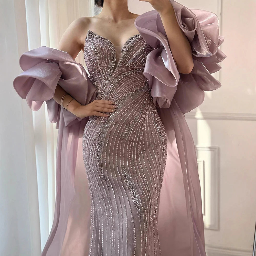 Serene Hill Pink Strapless Mermaid Beaded Evening Dresses with Cape Elegant Party Gowns for Women Customized DLA72896