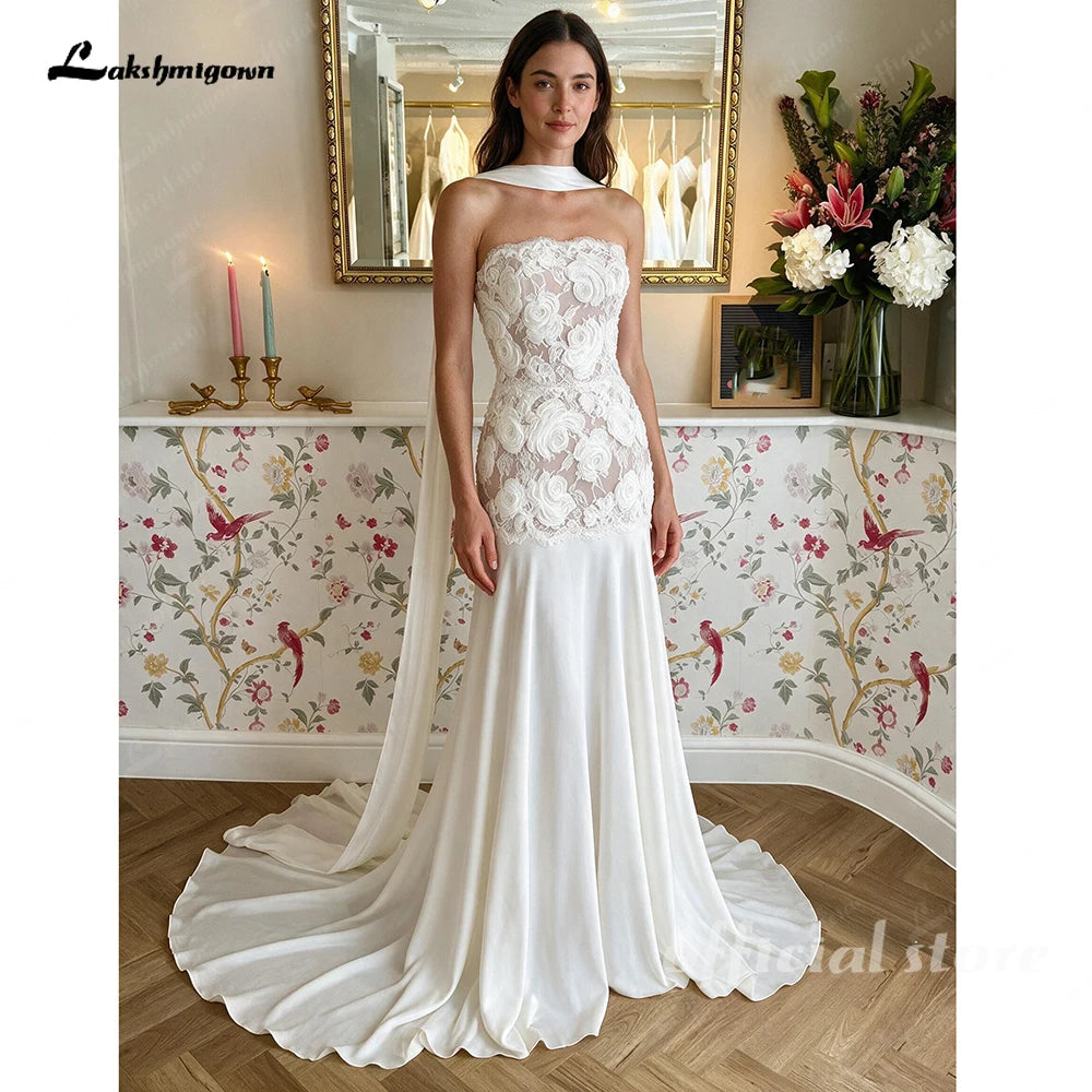 Lakshmigown Strapless Illusion Mermaid Wedding Dress 2027 with Shawl Bohemian Bridal Gowns Open Back Robe Mariee Customized