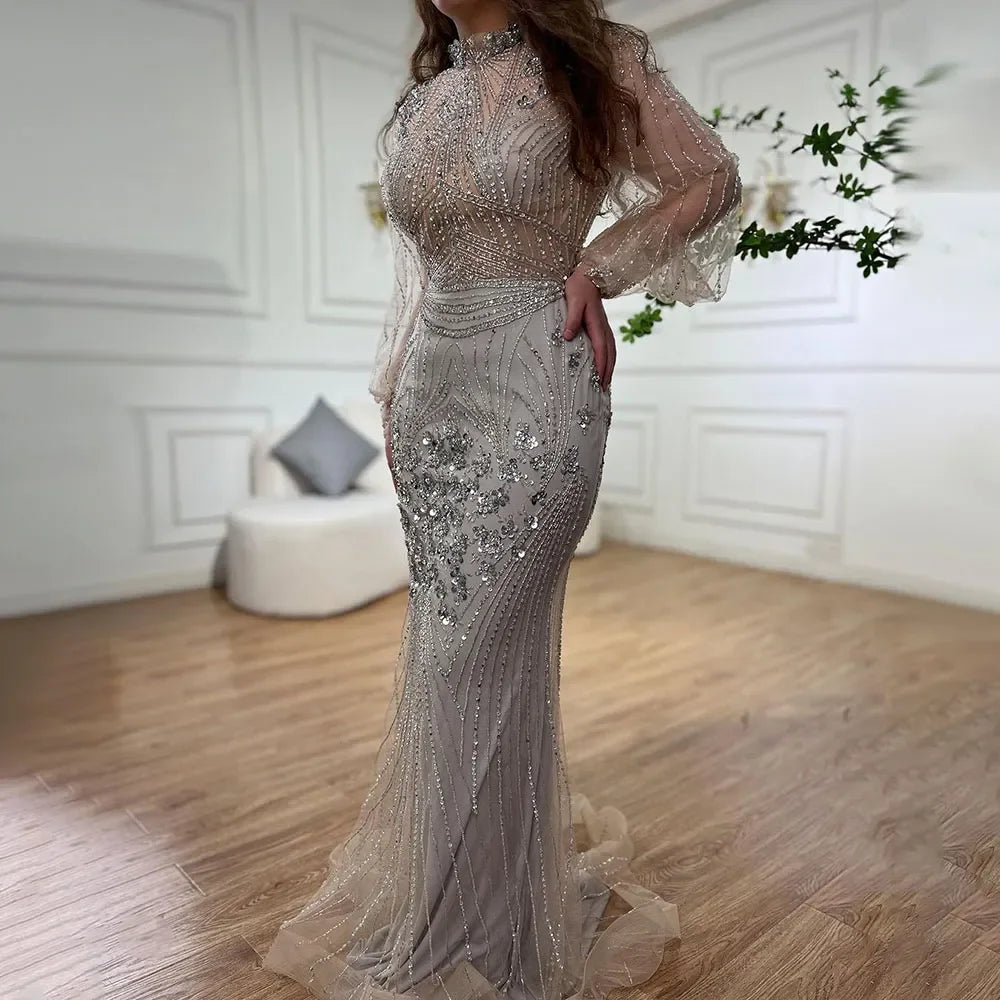 Serene Hill Customized Silver Beaded Mermaid Evening Dresses 2025 Full Sleeves Elegant Party Gowns For Women DLA71036