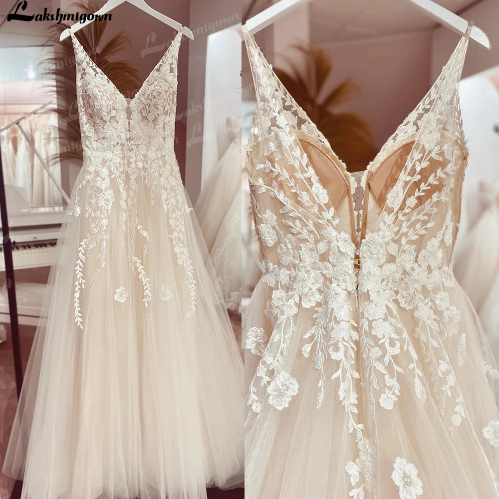 Lakshmigown V neck Tulle Boho Wedding Dresses Customized Lace Appliques A Line Bridal Gown Sukienka Open Back Wedding Gowns