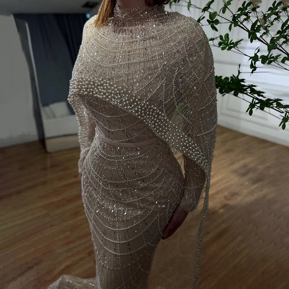 Serene Hill Customized Muslim Hijab Sage Green Long Sleeves Evening Dresses with Cape Dubai 2024 Party Gowns For Women LA72032M