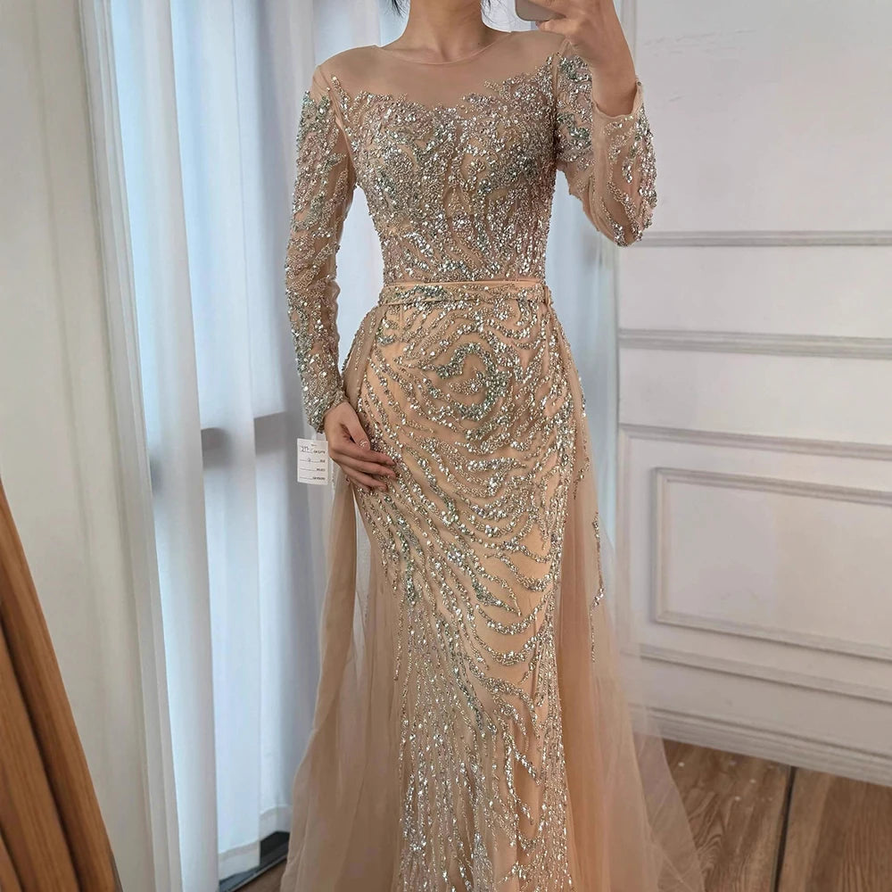 Serene Hill Nude Mermaid Long Sleeve Evening Dress with Overskirt Luxury Beaded Wedding Party Gown for Women Customized DLA71995