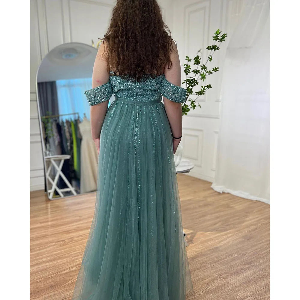 Serene Hill Customized Turquoise Off Shoulder Mermaid Beaded Evening Dresses Overskirt Split Party Gowns for Women rts DLA71728