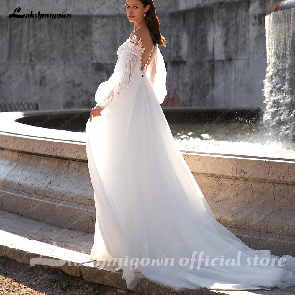 Lakshmigown Puffy Long Sleeves Women Wedding Dresses 2025 New Sexy Deep-V A-Line Bridal Gowns Plus Size Customized