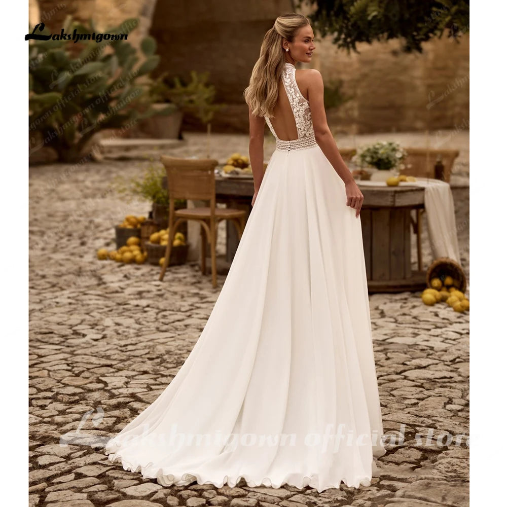 Lakshmigown Bohemian Beach Wedding Dress Open Back Lace Halter Neck High Slit A Line Chiffon Bridal Dresses Customized