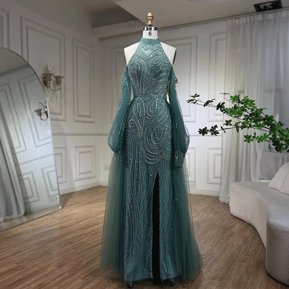 Serene Hill Customized 2026 Turquoise Mermaid Overskirt Beaded Evening Dresses Elegant Party Gowns For Women Wedding DLA72298