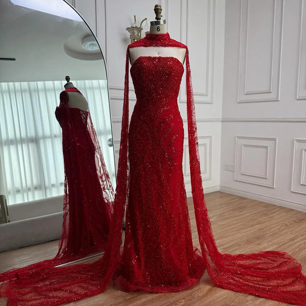Serene Hill Red Mermaid Detachable Cape Sleeves Evening Dresses with Lace Up Back Party Gowns for Women DLA72824 Customized
