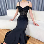 Vestido de Baile Preto Elegante de Alças Caídas com Renda LA72999