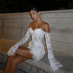 DREAM Lace Sweetheart Sheath Short Wedding Dress Women 2025 Long Sleeve Off The Shoulder Bridal Gown Vestido De Novia Customized
