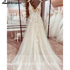 Lakshmigown V neck Tulle Boho Wedding Dresses Customized Lace Appliques A Line Bridal Gown Sukienka Open Back Wedding Gowns