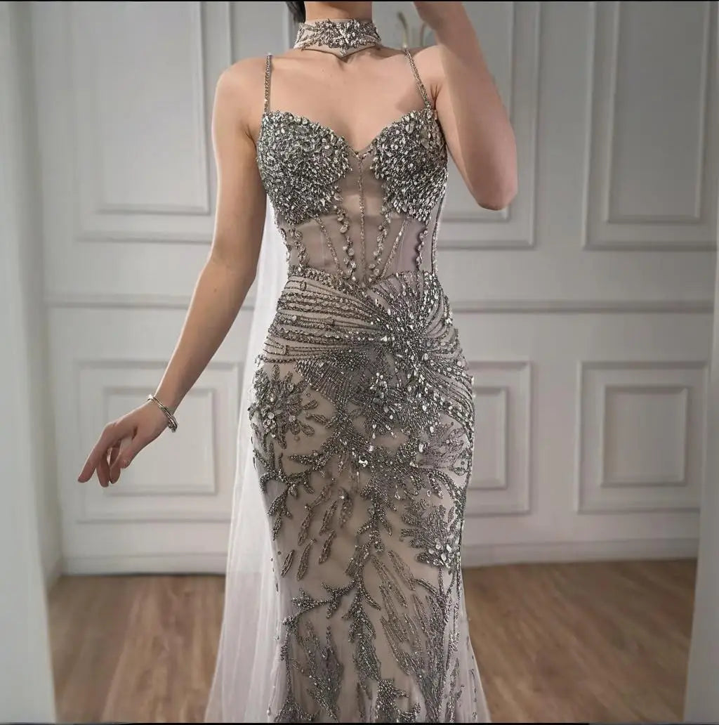 Serene Hill Silver Nude Mermaid Beaded Evening Dress with Cape DLA73342 Wedding Party Gowns for Women 2026 Customized