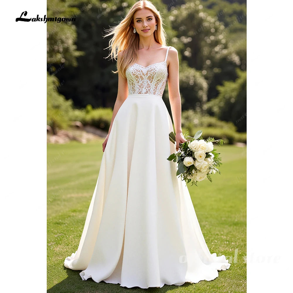 Lakshmigown Lace Ivory A Line Spaghetti Straps Garden Wedding Dress Crepe SatinCustomized Country Bridal Gowns vestido femininos