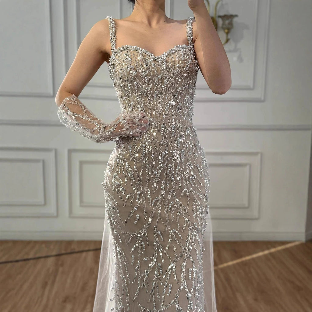 Serene Hill White Nude Mermaid Pearls Evening Dresses with Gloves Wedding Party Gowns for Women 2026 Customized DLA72345E