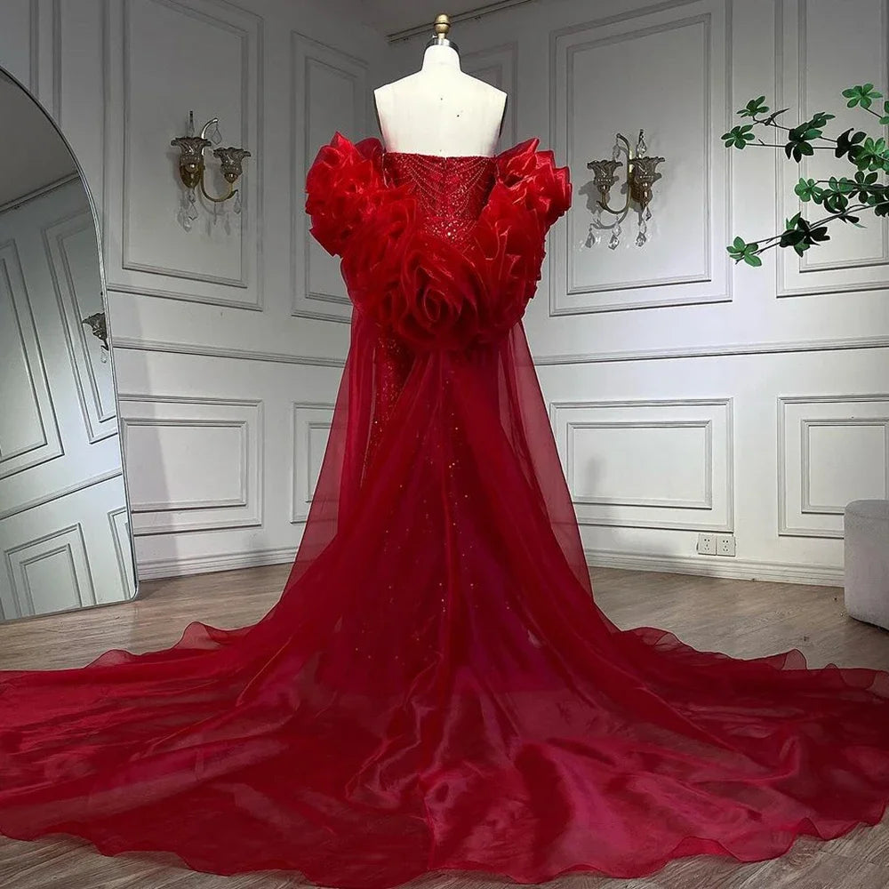 Serene Hill Red Strapless Mermaid Pearls Beaded Evening Dress with Cape Wedding Party Gowns for Women  DLA72585 Customized